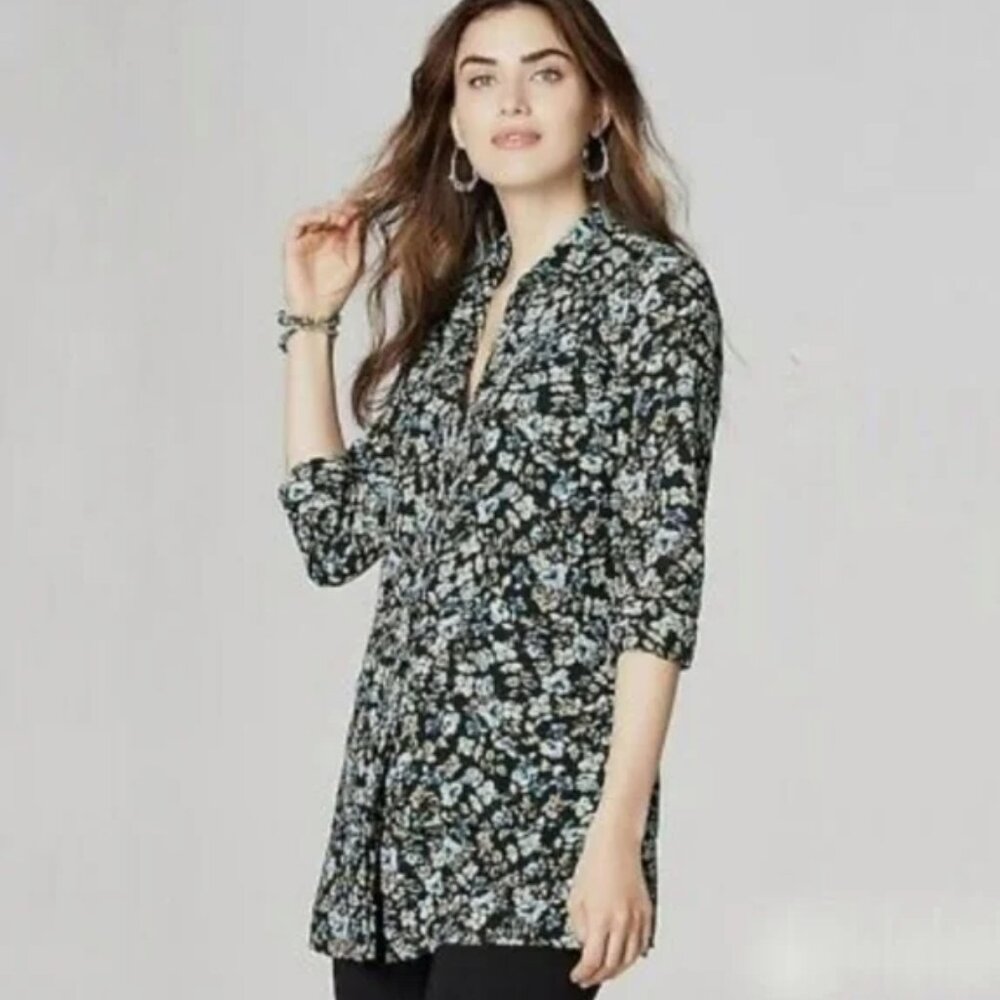 J. Jill | Black Blue Floral Chiffon Hidden Button Layered Tunic Top Small NWT